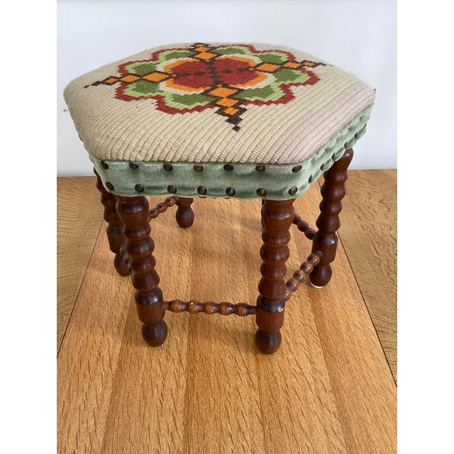 Burnt Orange Vintage Mid-Century Oak Footstool With Geometric Needlepoint Tapestry For Sale - Image 8 of 8