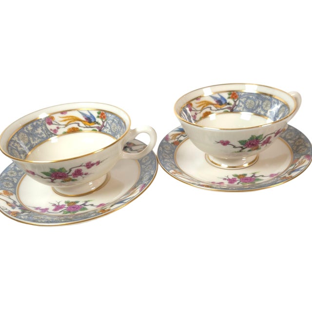 Late 20th Century Vintage Lenox Ming P-16 Bird and Floral Footed Teacups and Saucers Set of 2 - 4 pcs For Sale - Image 5 of 16