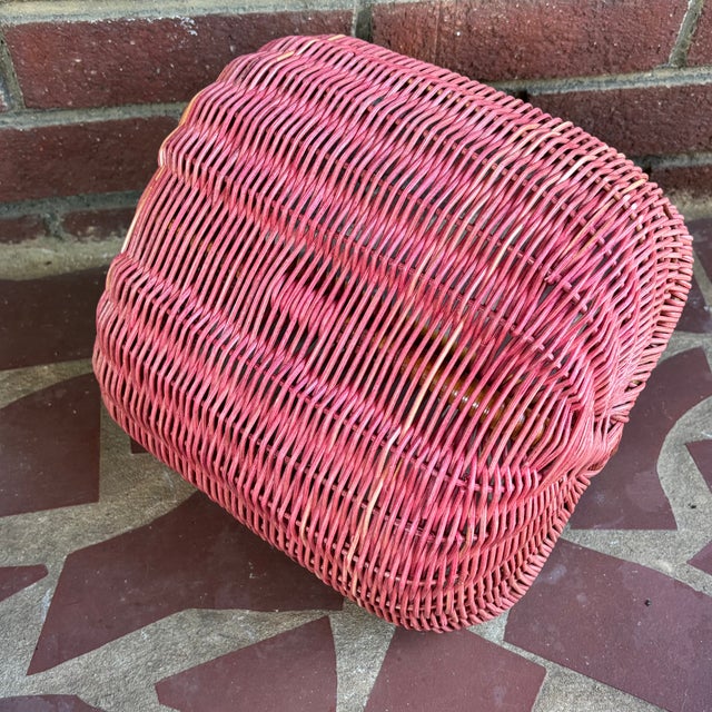 Wood Vintage Dusty Rose Painted Wicker Gathering Basket With Bamboo Handle For Sale - Image 7 of 8