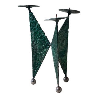 Mid 19th Century Green Brutalist Tripod 3-Flame Wrought Iron For Sale