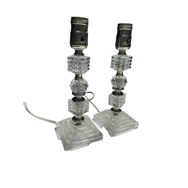 1940s Vintage French Art Deco Cut Crystal Chrome Stacked Candlestick Lamps a Pair For Sale - Image 5 of 8