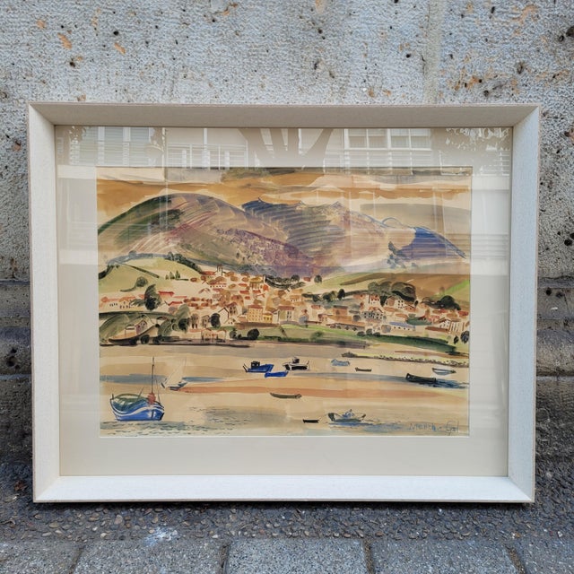 Watercolor on paper “Txingudi Bay and Mount San Marcial”, Menchu ​​Gal, 20th century – Spain Technique: Watercolor on...