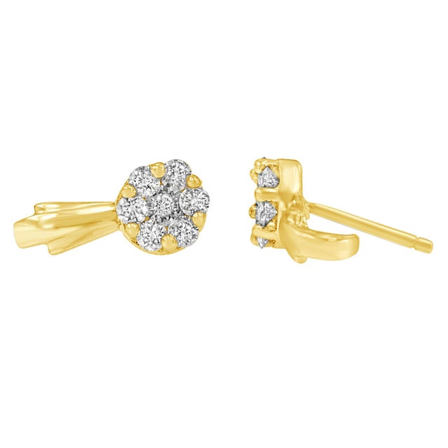 14K Yellow Gold 3/4 Cttw Diamond Floral Cluster Drop and Dangle Stud Earrings, A Pair For Sale - Image 4 of 6