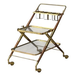 Italian Modern, Bar Cart, Teak, Brass, Glass, Italy, 1950s For Sale