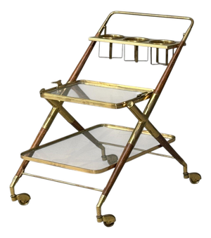 Italian Modern, Bar Cart, Teak, Brass, Glass, Italy, 1950s