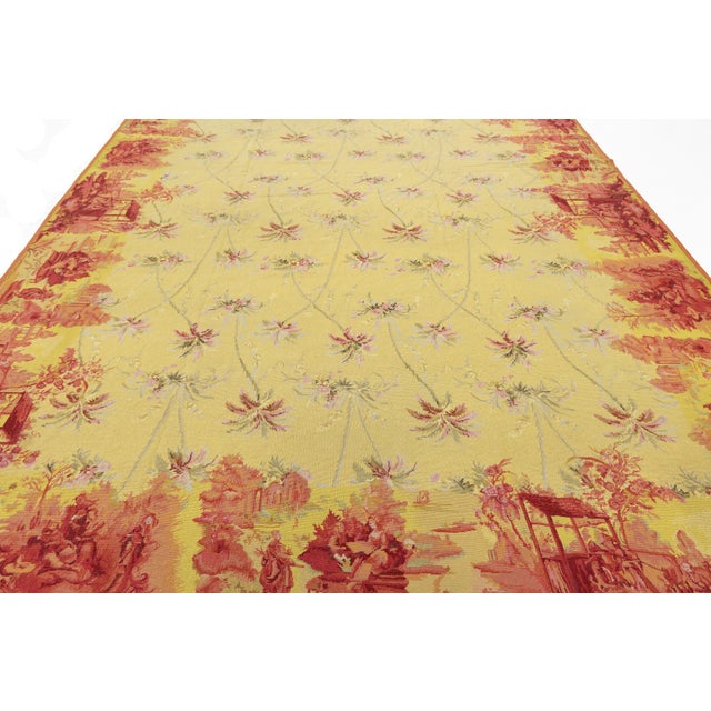 1940s Vintage French Style Needlepoint Yellow Wool Rug With Chinoiserie Toile Border For Sale - Image 5 of 13