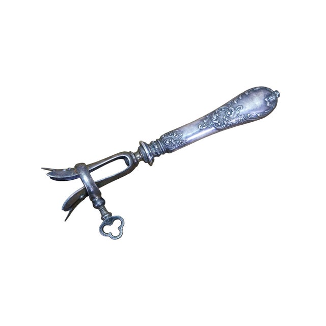 Rococo Antique French Silver Meat Carving Fork & Manche a Gigot Lamb Bone Clamp For Sale - Image 3 of 16