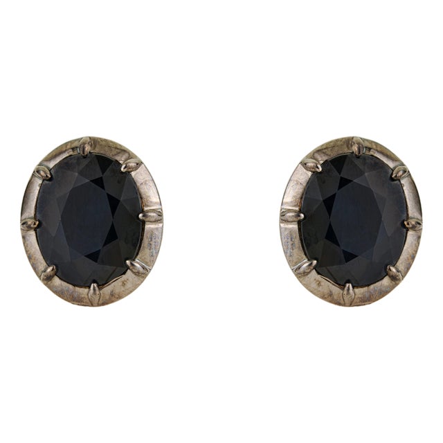 14k Gold 6.97ct Bold Deep Blue Sapphire Stud Earrings With Black Rhodium For Sale