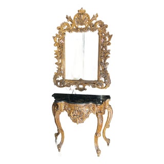 Vintage Syroco Detailed Mirror and Console Table With Stone Top Set For Sale