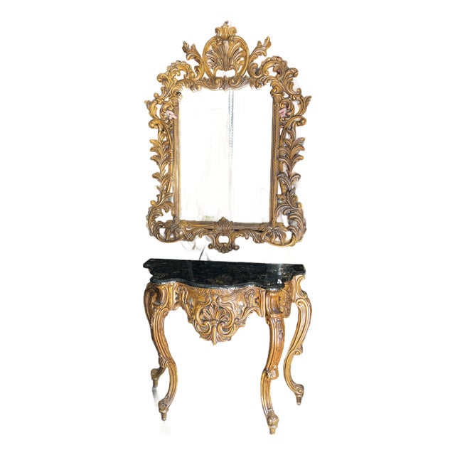 Vintage Syroco Detailed Mirror and Console Table With Stone Top Set For Sale