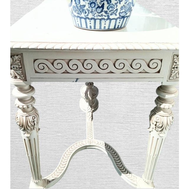 Vintage Off White Carved Urn Rose Louis Xvi, French Style Coastal Large Console Table For Sale - Image 10 of 12