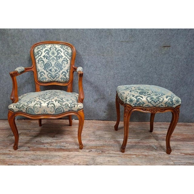 Wood Set of Late 20th Century Cherry Wood Cabriolet Armchair and Ottoman For Sale - Image 7 of 8