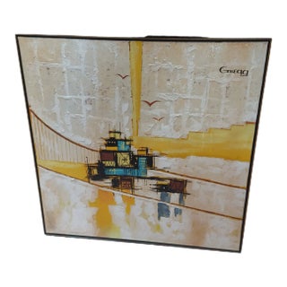 Vintage Framed Abstract Oil Painting on Canvas of Geometrical Figures For Sale