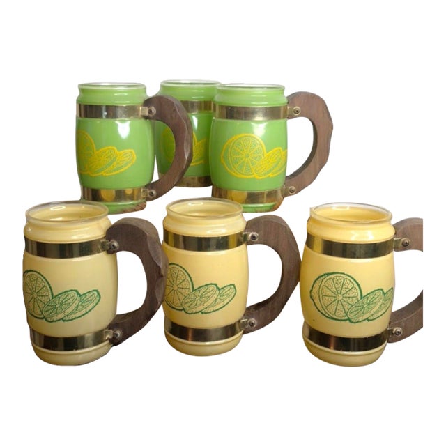 Vintage Retro 20 Oz Mugs Wood Handles - Set of 6 For Sale