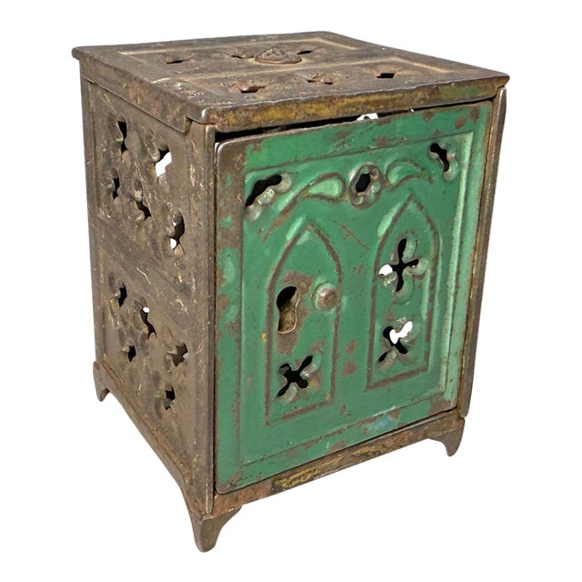 Antique 1800's Cast Iron Green Church Window Still Coin Dime Bank Toy Safe For Sale
