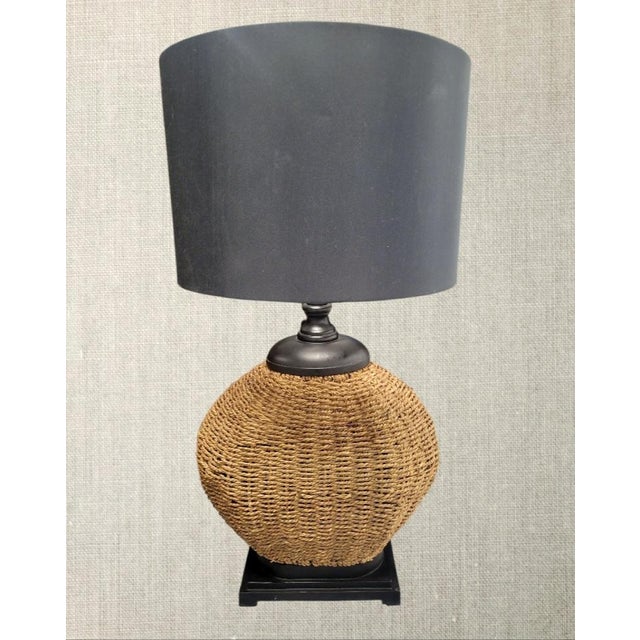 Serena & Lily Vintage Round Jute Coastal Regency Brown Wood Base Table Lamps- A Pair For Sale - Image 4 of 5