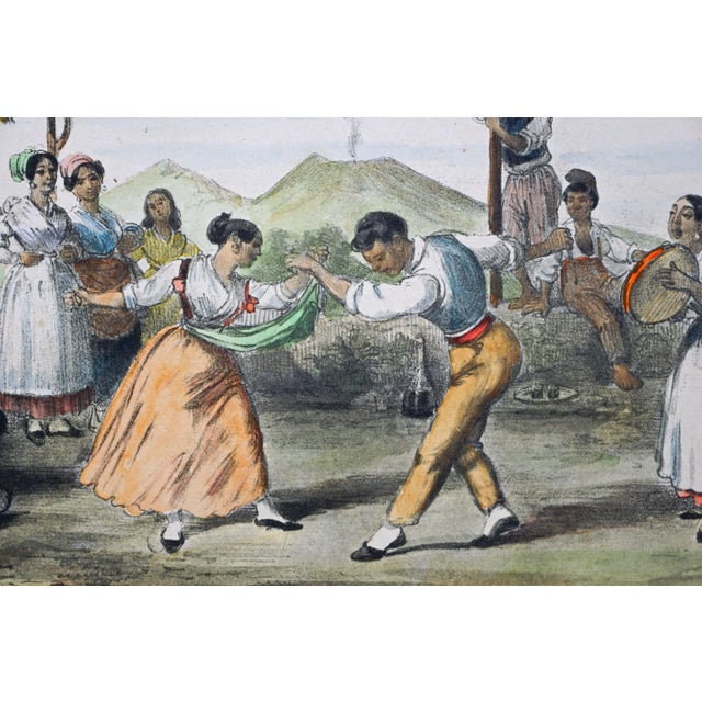Printmaking Materials Antique Italian Lithograph Hand-Colored Set of 4 Traditional Dances & Games Silk Mats Gilt Frames For Sale - Image 7 of 16
