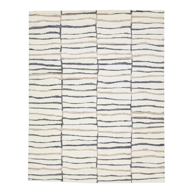 2020s Handmade Moroccan Style Modern Wool Rug With Abstract Motif in Ivory For Sale