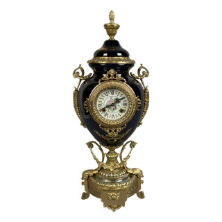 Antique French Table Clock in Blue Porcelain and Brass from Limoges For Sale