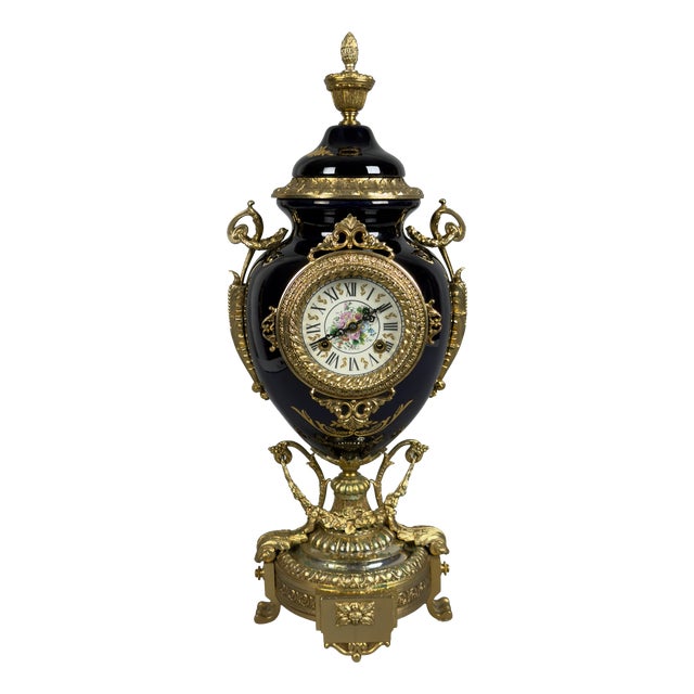 Antique French Table Clock in Blue Porcelain and Brass from Limoges For Sale