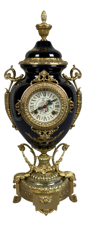 Antique French Table Clock in Blue Porcelain and Brass from Limoges