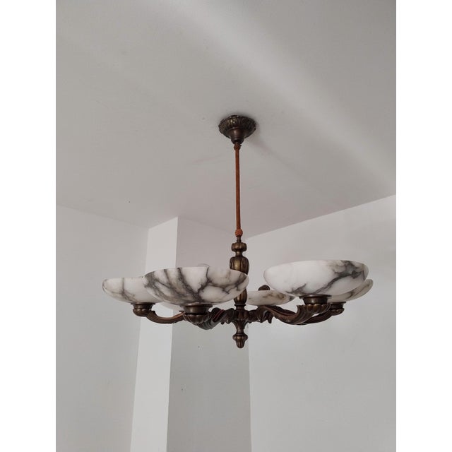 Art Deco Brass Alabaster Chandelier, 1930s For Sale - Image 6 of 18