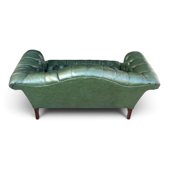 Vintage English Chippendale-Style Forest Green Tufted Leather Camelback Settee For Sale - Image 14 of 15