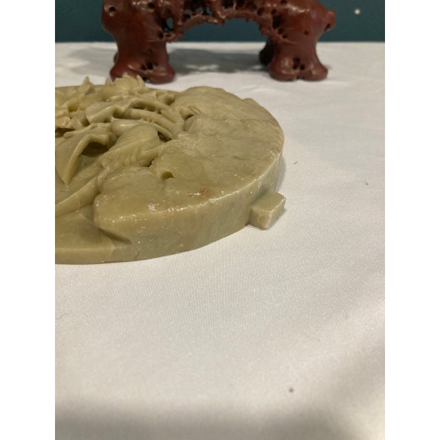 Mid 20th Century Soapstone Carved Floral Decor With Bird and Stand For Sale - Image 9 of 10