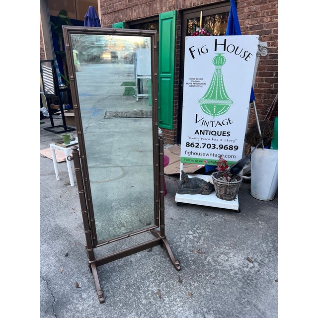 1970s Bronze Wooden Bamboo Floor Mirror For Sale - Image 4 of 6