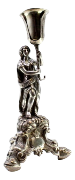 Silver Toothpick Holder with Embossed Female Figure Holding and Animal-Shaped Feet