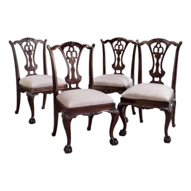 Maitland-Smith Carved Mahogany Chippendale Dining Chairs, Newly Upholstered – Set of 4 For Sale