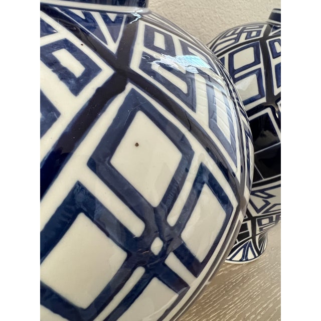 Ceramic Vintage Aalia Navy Blue and White Geometric Porcelain Ginger Jar Table Lamps - a Pair For Sale - Image 7 of 18