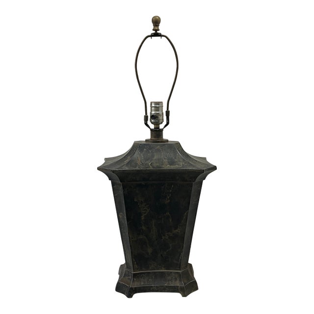 1940s Pagoda Metal Earthy Color Faux Painted Lamp For Sale