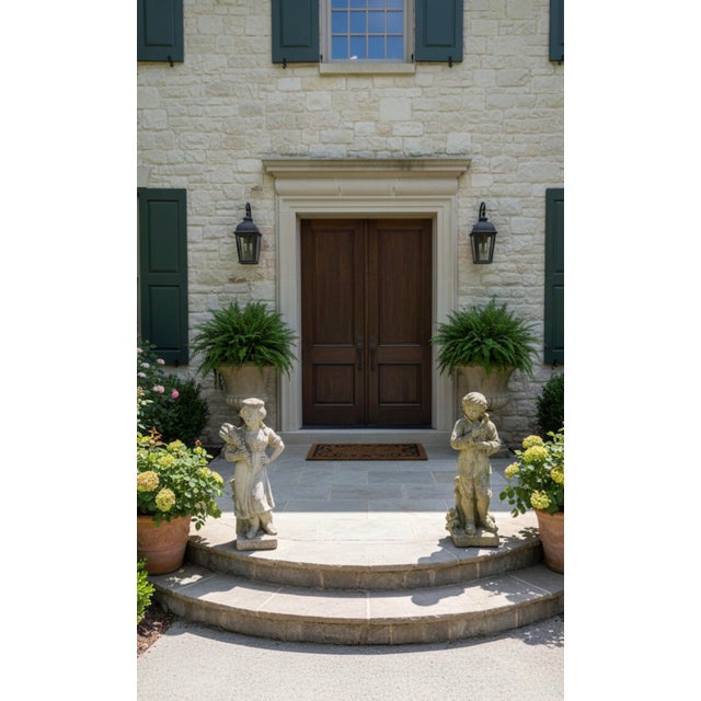 Stone Pair of Vintage Weathered Cast Stone "Country Life" Garden Statues For Sale - Image 7 of 8