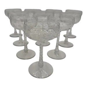 Early 20th Century Rock Sharpe Atlantis Crystal Cut Champagne/Cocktail Coupes With Floral Motifs - Set of 10
