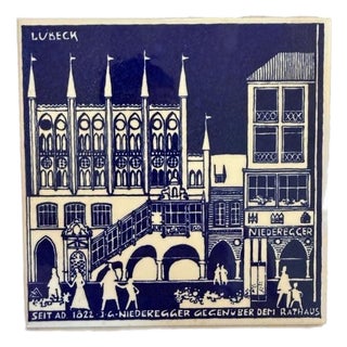 Vintage Alfred Evers Lübeck Blue Ceramic Tile Art Niederegger Marzipan For Sale