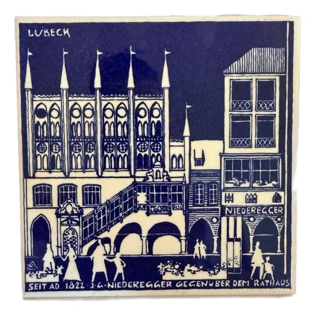 Vintage Alfred Evers Lübeck Blue Ceramic Tile Art Niederegger Marzipan For Sale