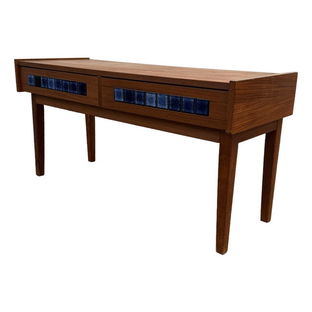 Danish Modern Teak Low Entry Cabinet With Blue Ceramic Tile Drawers, Circa 1960s For Sale