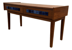 Danish Modern Teak Low Entry Cabinet With Blue Ceramic Tile Drawers, Circa 1960s