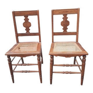 A Pair of Late Victorian Walnut Inlays and Cane Seat Side Chairs For Sale