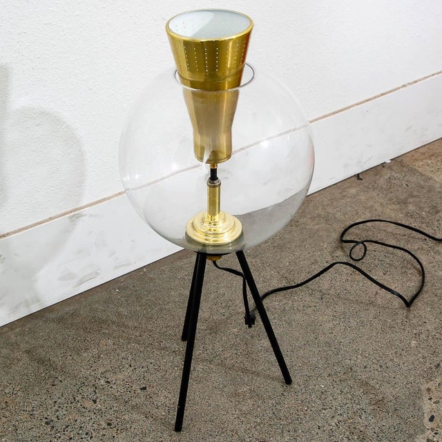 Black Mid Century Modern Glass Orb Lamp Original Brass Legs Sofa Round Black Atomic For Sale - Image 8 of 12
