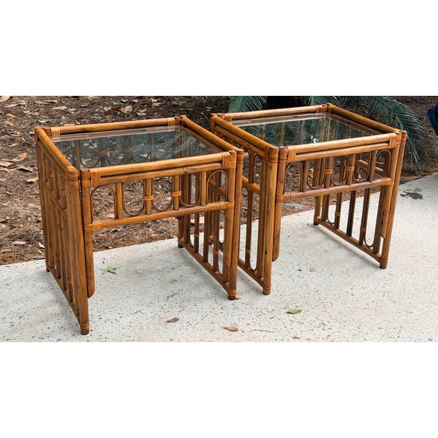 Rattan Bamboo Side Tables Pair For Sale - Image 4 of 12