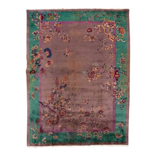 Antique Chinese Art Deco Rug - Plum & Jade Green Floral Wool 9x12 For Sale