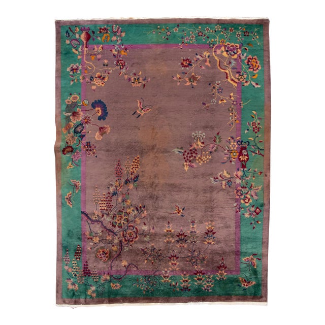 Antique Chinese Art Deco Rug - Plum & Jade Green Floral Wool 9x12 For Sale
