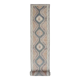 Long Turkish Oushak Runner With Soft Green Field and Beige Medallions For Sale