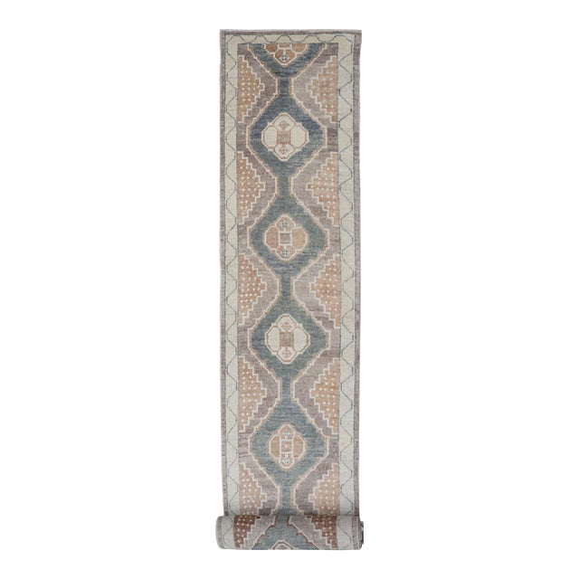 Long Turkish Oushak Runner With Soft Green Field and Beige Medallions For Sale