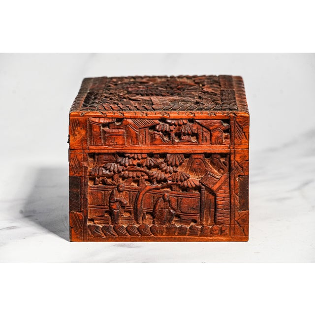 Hand Carved Village Scene Box Antique Chinese Wood Box 19th Century Decorative Chinoiserie Asian Oriental Home Decor For Sale - Image 11 of 13