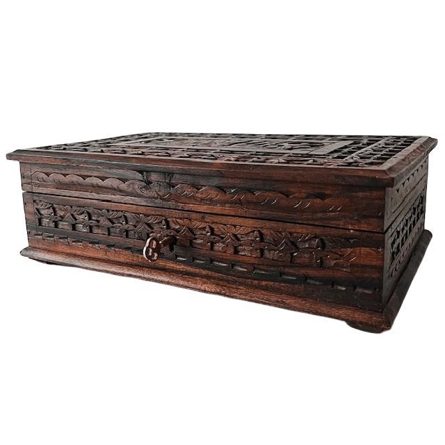 Wood Vintage Indian Handmade Wood Carving Jewelry Box with Lock, 1970s For Sale - Image 7 of 11