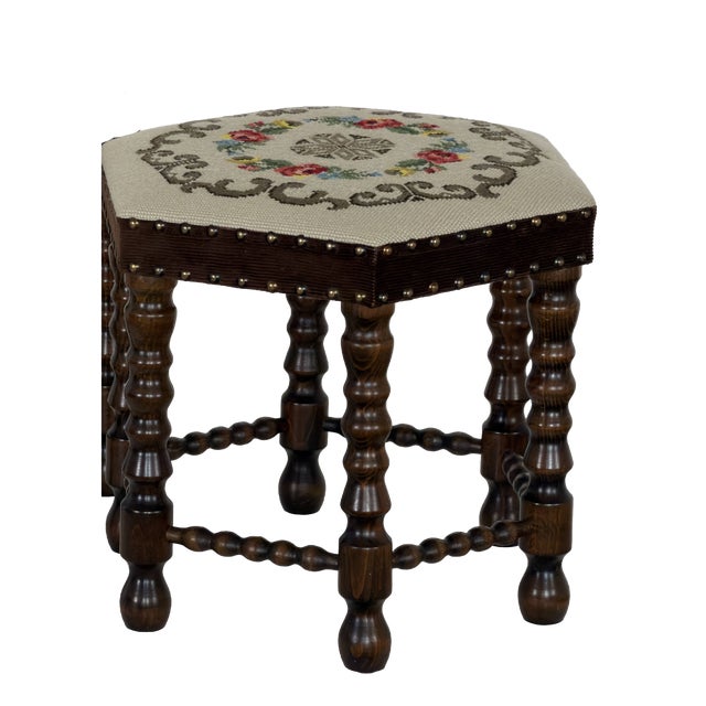 Scandinavian Modern Needlepoint Tapestry Stools with Bobbin-Turned Legs, 1950s For Sale