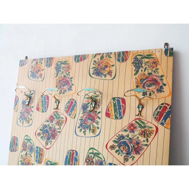 Mid-Century Floral Vinyl Coat Panel with 4 Brass Hooks, 1950s For Sale - Image 4 of 15